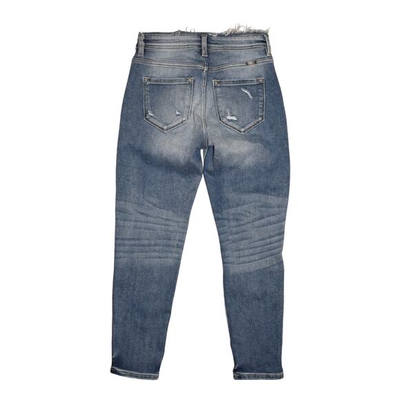 KANCAN $80 High Rise Distressed Mom Jean Stretch Denim Frayed Waist Size 25‎ - Picture 2 of 4